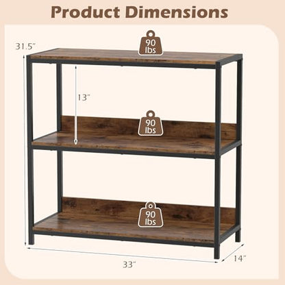 Tangkula 3-Tier Bookshelf, Industrial Small Bookcase with Wooden Shelves and Metal Frame, Rustic Open Display Shelf Storage Organizer for Living Room and Home Office (Rustic Brown, 1 Pack)