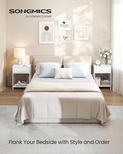SONGMICS Bedside Table with Drawer, Nightstand with Lower Shelf | Side Table for Bedroom, Living Room, Set of 2, Cloud White, BELLAH Collection, ULGS111W101S - color: Cloud White, style: 1 Drawer-2Pc