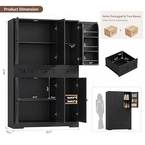 HOSTACK 67"H Farmhouse Kitchen Pantry Storage Cabinet with 3 Drawers, Black | Large Food Pantry Cabinet with Swing-Out Door Rack & Adjustable Shelf for Kitchen, Dining room, Living room - color: Black