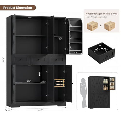 HOSTACK 67"H Farmhouse Kitchen Pantry Storage Cabinet with 3 Drawers, Black | Large Food Pantry Cabinet with Swing-Out Door Rack & Adjustable Shelf for Kitchen, Dining room, Living room - color: Black