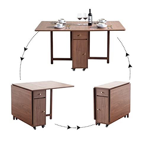 Drop Leaf Folding Dining Table with Storage, Wheels, Space Saving | Foldable Design, 18mm Thick Plywood, 300lbs Capacity, Locking Wheels, Farmhouse, for Living Room Kitchen Small Spaces, Walnut - color: Walnut