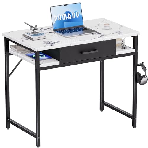 Pamray 32 Inch Small Computer Desk with Drawers for Bedroom Small Spaces | Compact, Sturdy, Easy Assembly, Mini, Suitable for Dorm and Apartment, Study and Writing - color: Marble