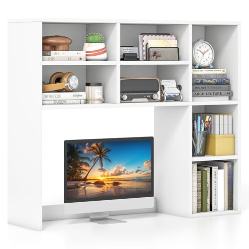 Giantex Desktop Bookshelf, Desk Hutch Dorm w/ 7 Cubes & 3 Adjustable Shelves, Desk Shelf for Up to 27" Computer Monitors, Wooden Desktop Storage Organizer for Dorm College Office Home (White) - color: White, size: 7 Shelves (31"H)