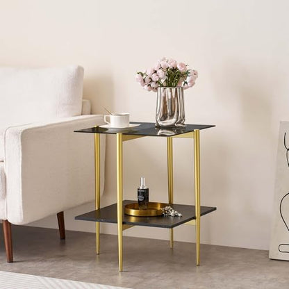 LumFurn Glass End Table, Mid-Century Modern Design Sofa Table, for Living Room, L18 x W18 x H23 in, Clear Glass Top and Walnut MDF Shelf, Sleek Conical Metal Legs with Gold Finish Frame - color: Grey & Black Marble, size: L18" Square End Table