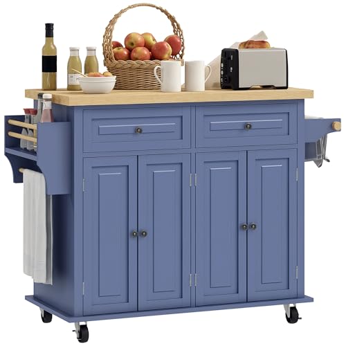 HOMCOM Kitchen Island Cart with Solid Wood Top 44" Mobile Navy Blue | Kitchen Island Table, on Wheels, Storage Cabinets, 2 Drawers, Adjustable Shelves, Spice Rack & Towel Bar, for Dining Room - color: Navy Blue