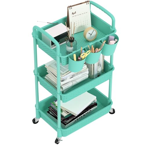 MOYIPIN 3-Tier Plastic Rolling Utility Cart with Handle,Utility Storage Cart for Office, Living Room, Kitchen,Movable Storage Organizer Shelves,Turquoise with 3 Hanging Cups - color: Turquoise, size: 3-Tiers with cups