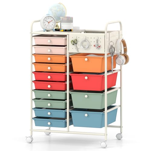 GOFLAME 14-Drawer Rolling Storage Cart with Pegboard, Craft Storage Cart with Lockable Wheels and Metal Frame, Art Cart Supply Storage Organizer for Home Office Classroom, Macaron Color - color: Macaron Color, size: 14-drawer with Pegboard-25"x14.5"x34.5"