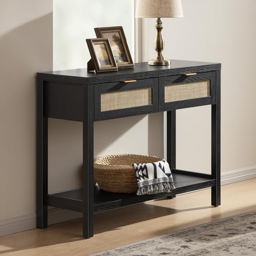 SICOTAS Black Rattan Console Table with Drawers, Boho Entryway Sofa Table | Entry Table With Storage Drawers, Hallway Table for Entryway, Sofa Table Behind Couch, Console Table for Living Room, Hallway - color: Black Oak, size: 1 Piece
