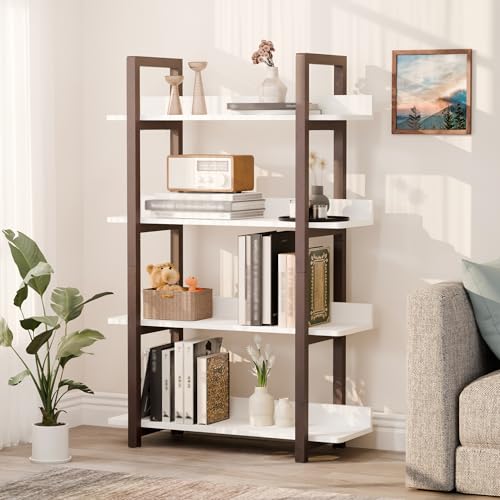 4-Tier Solid Wood Bookshelf, Modern Storage Rack with Anti-Tipping Devices | Supports Up to 400 LBS in Total | 0.60" Shelves | Back Protective Edge | For Bedroom, Living Room, Study | Coffee Brown - color: Brown