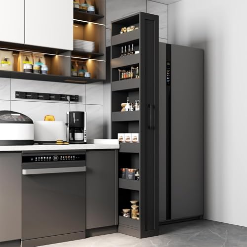 7 Tier Multi-Functional Pull-Out Storage Cart, Single-Sided Open Shelf, Slim Kitchen & Living Room Organizer, Narrow Space Storage with Handle & Wheels, Pantry Shelf for Small Spaces, Black - color: 05-black - 7 Tier