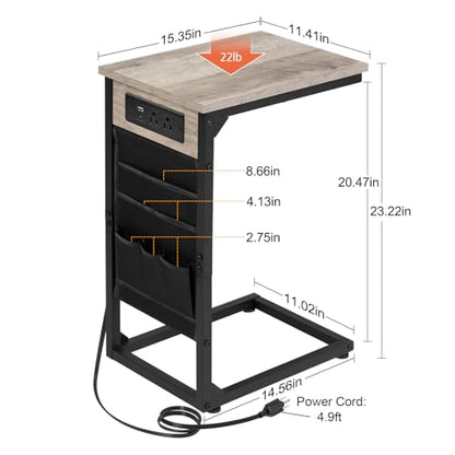 AMHANCIBLE C Shaped End Table with Charging Station, Couch Side Tables that Slide Under Sofa with Storage Bag, Slim TV Tray with USB Ports and Power Outlets for Living Room, Bedroom, Grey HET04CGY - color: Grey