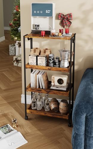 Jojoka No Assembly Folding Kitchen Cart with Wood Top, 4 Tier Collapsible Rolling Utility Cart on Wheels, Industrial Mobile Kitchen Island Storage Cart for Small Spaces, RV and Pantry, Rustic Brown