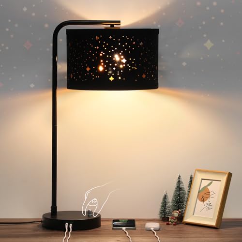 Bedside Table Lamp with USB C+A Ports, Fully Dimmable Modern Nightstand Side Lamps with Stars Shade, Tall Desk Reading Lamps for Living Room Bedroom 3000k LED Bulb Included - color: Black Base with Stars Shade