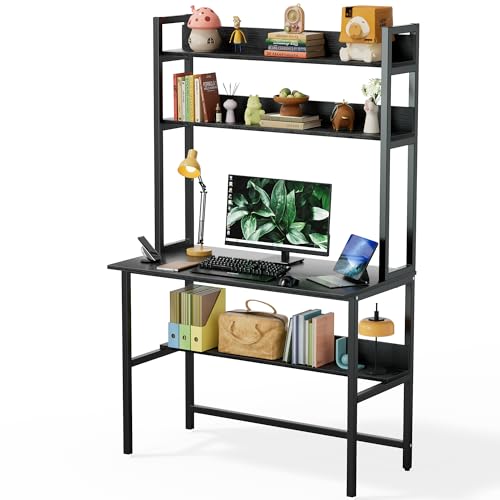 Aquzee Computer Desk with Hutch, 40“W x 19.6" D Desk with Shelves, Tall Home Office Desk with Bookshelf, Metal Legs Study Table with Upper Storage Shelf for Study Writing/Workstation, Black - color: Black, size: 40inch