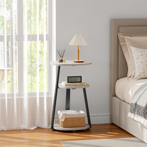 Kalrin Side Table, Small End Table with Metal Frame, 3-Tier Bedside Tables, Round Side Tables for Living Room Bedroom Couch Bathroom, Oval, White Maple - color: White Maple