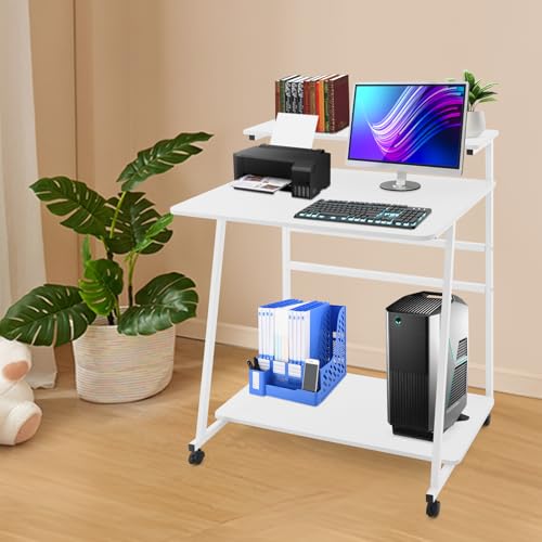3 Tiers Rolling Computer Desk, 31.5 Inch Home Office Desk with 4 Wheels & 4 Foot Pads, Mobile Small Computer Desk, Student Study Table for Small Space Bedroom (White+White) - color: White+white