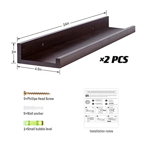 AZSKY Floating Book Shelves Wall Mounted Photo Shelf Picture Ledge Deep Walnut Display Shelves for Home Living Room Bedroom Bathroom Office Set of 2 - color: Deep Walnut, size: 24in set 2