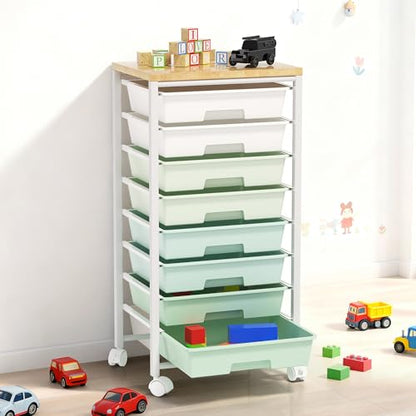 Rolling Cart with 8 Drawers, Storage Drawers Cart with Wooden Tabletop and Lockable Wheels, Craft Storage for Living Room, Office, Classroom, Craft Room, Bedroom - color: Green