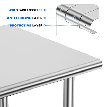 Stainless Steel Table for Prep & Work, 30x48 Inches, Metal Commercial Heavy Duty Table with Adjustable Under Shelf for Restaurant, Home and Hotel - size: 30x48in