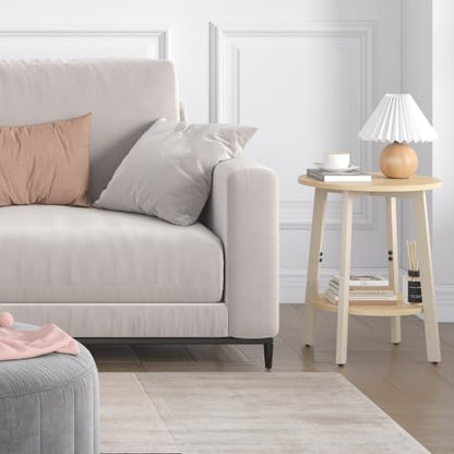sthmec Side Table, Small Round End Table with Storage Shelf for Small Space, 2-Tier Bedside Table Sofa Couch Table, Round Accent Table Nighstands for Living Room, Bedroom, Natural - color: Natural