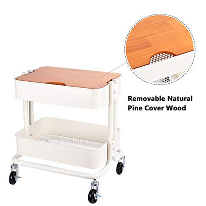 Melody House 2-Tier Metal Utility Rolling Cart Storage Side End Table with Cover Board for Office Home Kitchen Organization, Cream White - color: A- Cream White