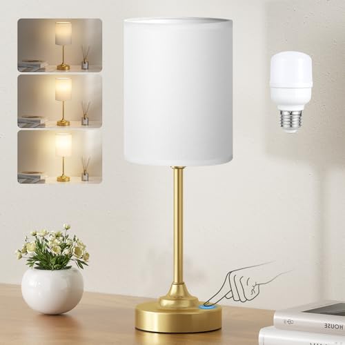 Fenmzee Gold Nightstand Bedroom Lamp - 3 Way Dimmable Bedside Lamp, Small Table Lamp Linen Lampshade for Office Desk, LED Bulb Included - color: White Shade-Gold Base, size: 14" Touch Control