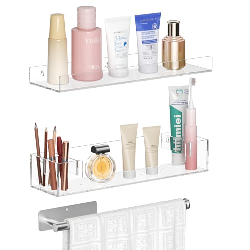 HIIMIEI Bathroom Shelves Wall Mounted: Clear Floating Shelf with Hand Towel Bar, 14.9in Acrylic Hanging Shelves Over Toilet, Set of 3 Bathroom Organizers Rack for Skin Care, Perfume, Lotion, Storage