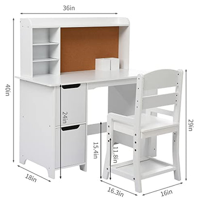 Garvee Kids Desk, Study Desk and Chair Set for Boys and Girl, Wooden Kids Writing Table with Bookshelf, Bulletin Board, and Cabinets for Ages 3-8 - color: Pure White, style: 2 Cabinets