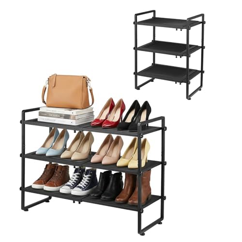 Expandable Shoe Rack for Closet,Metal Shoe Storage,Black-3 Tier | Adjustable Shoe Organizer for Entryway, Stackable Long Shoe Stand Holder for Garage, Hallway, Door Entrance - color: Black, size: 3 Tier