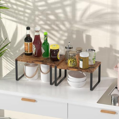 CADUKE Set of 4 Counter Shelves Kitchen Cabinet Shelf Organizer Brown | Countertop Organizer,Counter Top Racks,Stackable, Expandable, Metal and Engineered Wood, for Bathroom - color: Brown