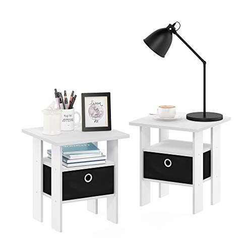Furinno Andrey Set of 2 End Side Night Stand/Bedside Table with Bin Drawer, 2-Pack, White/Black | Open Shelf and Storage Bin, Modern Night Stand, Bedside Table, for Living Room, Bedroom - color: White/Black, size: 2-Pack, Center Bin