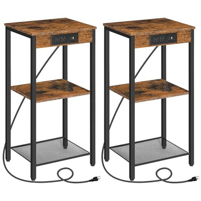 HOOBRO Tall End Tables with Charging Station, Set of 2, 30 Inch Tall Nightstands, 3-Tier Side Tables with Adjustable Storage Shelves, for Living Room, Bedroom, Hallway, Rustic Brown BF09UDHP201G1 - color: Rustic Brown + Black