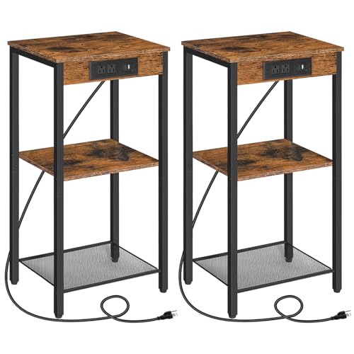 HOOBRO Tall End Tables with Charging Station, Set of 2, 30 Inch Tall Nightstands, 3-Tier Side Tables with Adjustable Storage Shelves, for Living Room, Bedroom, Hallway, Rustic Brown BF09UDHP201G1 - color: Rustic Brown + Black