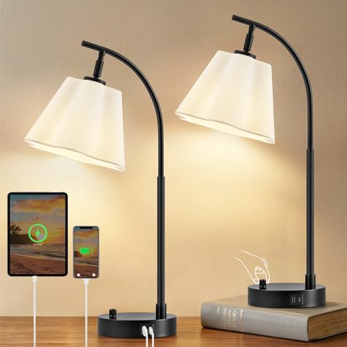 GyroVu Table Lamp Set of 2, Bedside Table Lamp with USB C+A Ports, Stepless Dimmable Nightstand Lamp, Small Cute Bedroom Lamps, Flower Lamp for Bedroom, Living Room, Home Office(Bulbs Included, Black) - color: white shade & black base