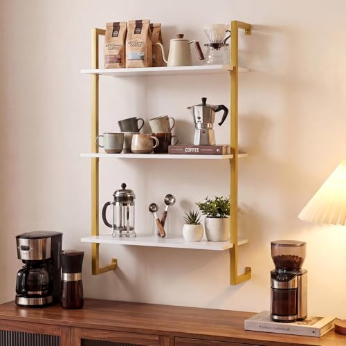 Giantex 3-Tier Wall-Mounted Bookshelf, Modern Floating Storage Display Shelves with Metal Frame, Wood Open Ladder Bookcase for Living Room, Home Office, Kitchen, White + Gold - color: White + Gold