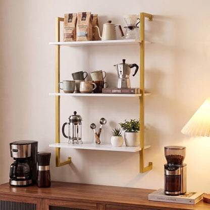 Giantex 3-Tier Wall-Mounted Bookshelf, Modern Floating Storage Display Shelves with Metal Frame, Wood Open Ladder Bookcase for Living Room, Home Office, Kitchen, White + Gold - color: White + Gold