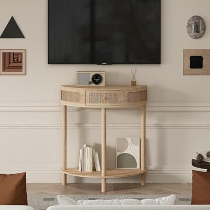 Wnutrees Rattan Half Moon Console Table, Modern Entryway Table with Drawer, Boho Sofa Table with Bottom Storage Shelf, Small Semicircular Tables for Hallway, Living Room, Natural - color: Natural
