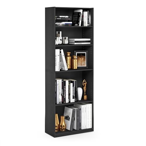 Furinno Jaya Book Shelf, 5-Tier Bookshelf, Bookcase with Adjustable Shelves, 9.5 x 24.5 x 71.2, for Organization and Storage, for Living Room, Bedroom, Home Office, Blackwood - color: Black, size: 5-Tier, Adjustable Shelves