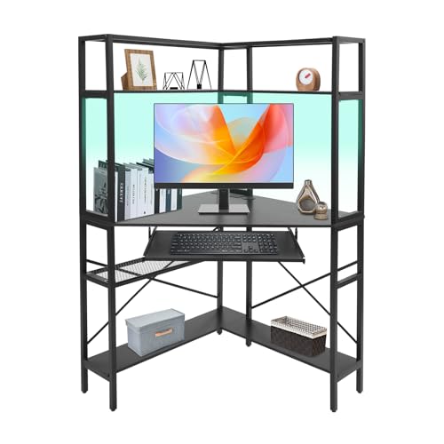 Corner Desk with Hutch, 90 Degrees Triangle Computer Desk w/Keyboard Tray & Bookshelves for Small Space Space Saving Writing Desk w/Storage Shelves for Bedroom Apartment (Black) - color: Black