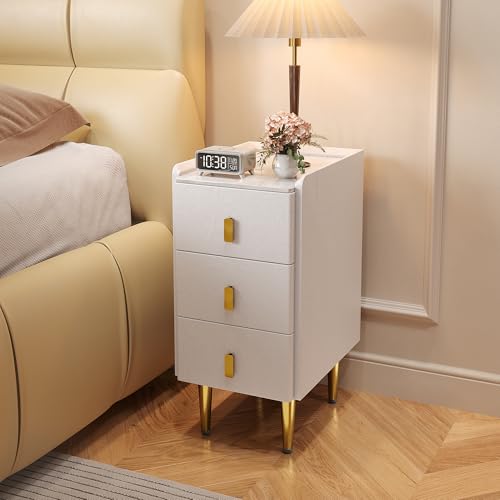 STARSAGA Narrow Nightstand with Drawers, 11.81" Narrow Bedside Table for Bedroom, Solid Wood Narrow Night Stand with Sintered Stone Top & Leather Surface, Slim Nightstand for Small Spaces, White - color: White, size: 15.7''×11.8''×24.5''
