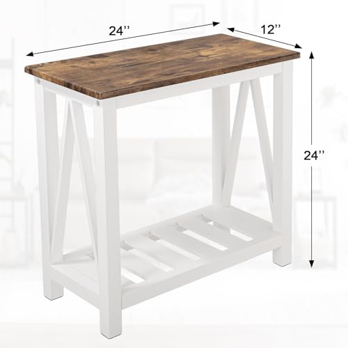 Narrow End Table Rectangular Side Tables for Small Spaces Wood Framed Night Stands Sofa Bedside Table for Living Room Brown Smooth Tabletop Industrial Accent Furniture for Bathroom Bedroom - color: Brown&white
