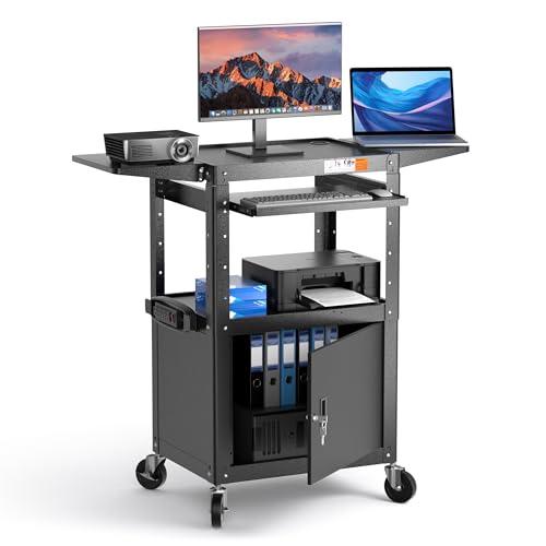 POCHAR Steel AV Cart with Locking Cabinet & Drop Leaves - Adjustable Height Media Carts with Wheels, Pullout Tray, Power Strip - Mobile Workstation Computer Cart for Office Classroom Shop Warehouse - style: Locking Cabinet with Drop Leaves (AVMTK)
