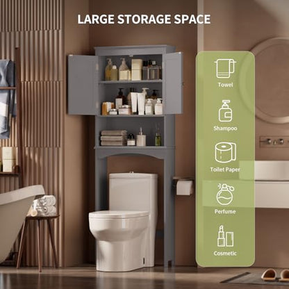 Gizoon Over The Toilet Storage Cabinet with Adjustable Shelf and Double Doors, Bathroom Space Saver Organizer Above Toilet with Open Shelf, Taller Wooden Free Standing Toilet Rack -Grey - color: Grey