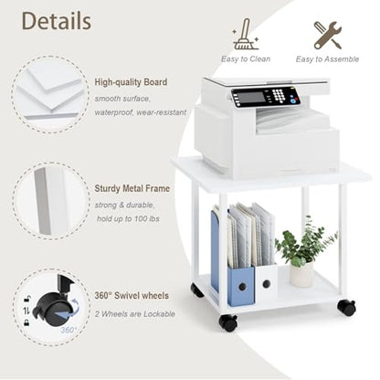 MARTY 22"x15.75" Large Printer Stand Under Desk, Rolling Cart Printer Table | 2 Tier Rolling Printer Cart with Wheels, Storage Shelf, Fit Printer/Fax/3d/Scanner, For Home Office Dorms, Heavy Duty, White - color: White