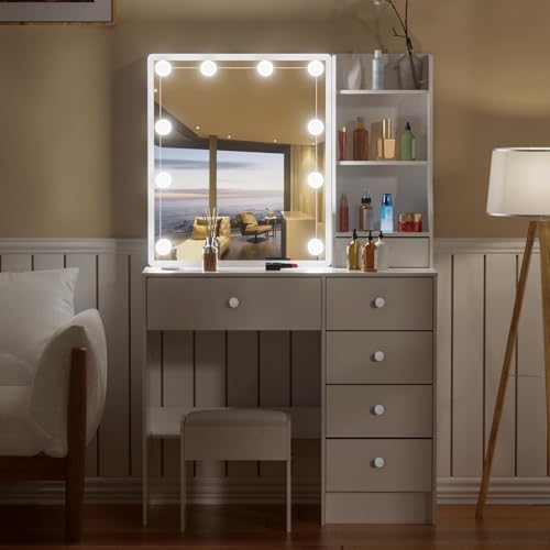 Makeup Vanity with Sliding Mirror and LED Lights, 3 Adjustable Modes Vanity Desk with 6 Storage Drawers & 3 Open Shelves, Dressing Table with Stool with Bedroom, White - size: Small-32'' Wide