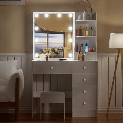 Makeup Vanity with Sliding Mirror and LED Lights, 3 Adjustable Modes Vanity Desk with 6 Storage Drawers & 3 Open Shelves, Dressing Table with Stool with Bedroom, White - size: Small-32'' Wide