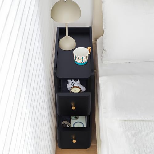 Narrow Nightstand Set of 2, Wooden Small 2 Drawer Nightstand, Slim Side End Table, Skinny Bedside Table, Mid Century Modern Night Stand with Drawers for Bedroom (Black-2 pcs) - color: Black-2 Pcs