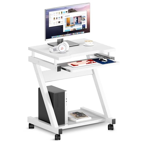 sogesfurniture Mobile Compact Computer Desk Cart for Small Spaces, Portable Computer Desk, Small Rolling Work Workstation for Home and Office with Printer Shelf, Keyboard Drawers,White - color: White