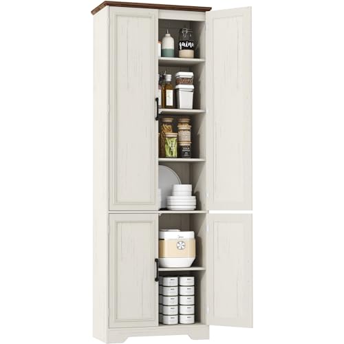 Function Home Farmhouse Kitchen Pantry Cabinet, 72" Tall Storage Cabinet with Doors and Adjustable Shelves, 6 Tier Freestanding Cupboard for Dining Room Living Room Bathroom, Antique White & Brown Top - color: White Brown, size: 24"Wx11.81"Dx72"H