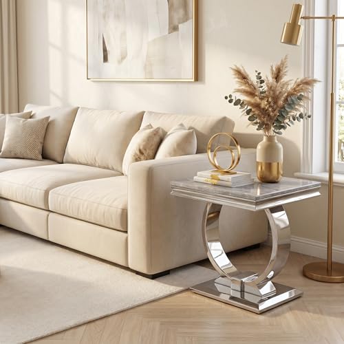 Asday Silver End Table, Modern Grey Texture Side Table with Mirrored Stainless Steel U-Base for Small Spaces, Living Room, Office, Bedroom - color: Silver, size: Set of 1